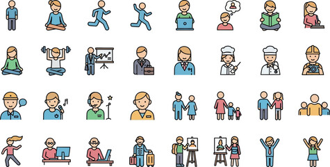 Diverse Collection of People Avatars and Professional Icons Depicting Everyday Life, Various Occupations, and Human Activities in Flat Line Art Style