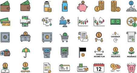 Financial Icons and Symbols Money, Banking, Savings, Transactions, and Investment Illustrations