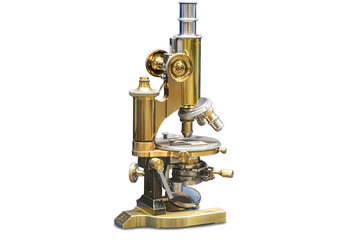Vintage brass microscope on stand in a pharmacy, against a light grey background, goldish-brown metal, diffuse lighting from above a