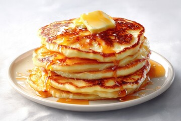 Stack of golden pancakes drizzled with honey and butter