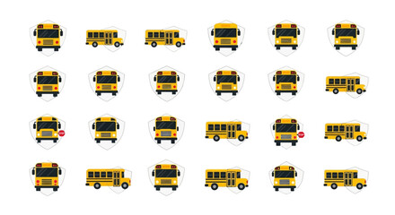 Collection of yellow school buses in various angles and positions for educational purposes.