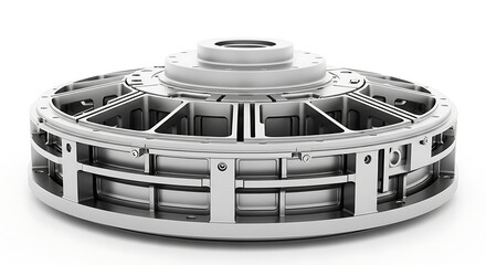 A detailed, high-angle studio shot of a complex, futuristic-looking industrial flywheel or rotor assembly with intricate metal components and a white background.