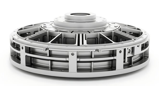 A detailed, high-angle studio shot of a complex, futuristic-looking industrial flywheel or rotor assembly with intricate metal components and a white background. - Powered by Adobe