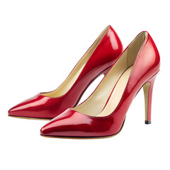 Pair of red high heel shoes isolated on transparent background in studio shot