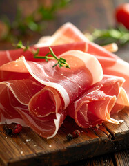 Thinly sliced prosciutto arranged on rustic wooden board in moody macro style