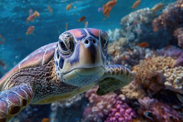 Close-up of sea turtle in vibrant coral reef