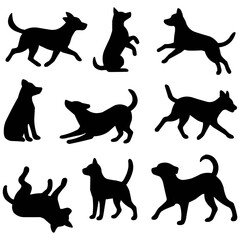Dog silhouettes in different positions, black vector illustration isolated on white background