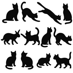 Cat silhouettes in different positions, black vector illustration isolated on white background