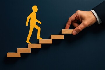 Hand places step for person climbing stairs symbolizing career growth