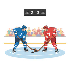 Fototapeta premium A hockey-themed illustration featuring a character, suitable for web banners, mobile apps, and hero images, rendered as a flat vector on a white background