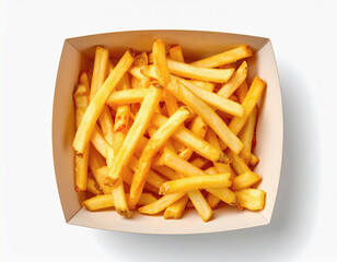 Minimalist photo of a tray of French fries on white background