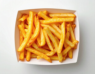Minimalist photo of a tray of French fries on white background