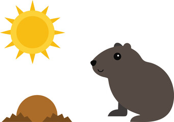 Groundhog day illustration featuring a groundhog emerging from its burrow under the sun vector