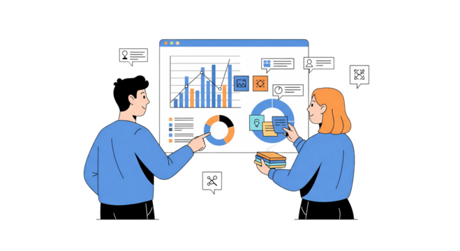 Two Business Professionals Analyzing a Data Dashboard Illustration