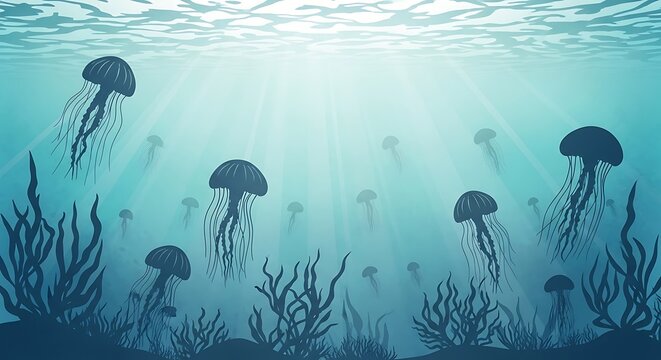 Abstract underwater world with jellyfish floating in deep turquoise ocean