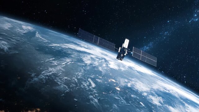 A satellite floats in space, showcasing a breathtaking view of Earth covered in rich colors. City lights twinkle brightly against the dark backdrop of the universe, creating a magical sight