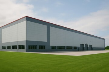Modern industrial warehouse building with large doors and green lawn