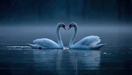 Two swans facing each other in a serene lake at dusk