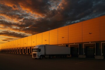 Warehouse loading docks at sunset with truck