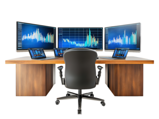 Three computer monitors displaying stock market charts on a wooden desk with a chair isolated on transparent background