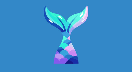 Colorful Mermaid Tail Illustration with Scales and Fins on Blue Background.