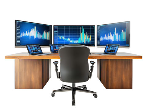 Three computer monitors displaying stock market charts on a wooden desk with a chair isolated on transparent background