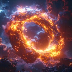 Fiery ringed portal through cosmic clouds