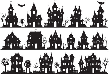 Spooky Black and White Silhouette Halloween Houses