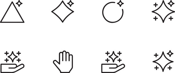 Fototapeta premium Minimalist sparkle icons set for cleanliness, freshness, enhancement, UI design, branding, and digital aesthetics.