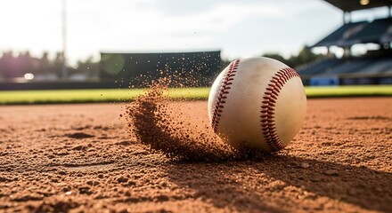 A close-up shot of a baseball impacting dirt on a baseball field