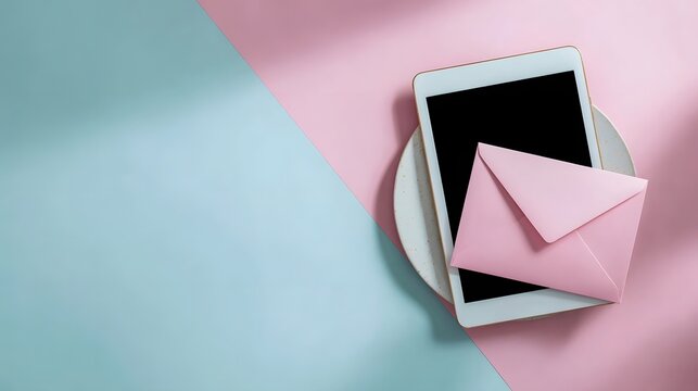 A tablet and pink envelope arranged on a pastel background with soft shadows