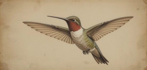 A meticulously detailed hummingbird illustration in sepia tones, evoking a classic ornithological print.