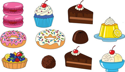 Vector Dessert Clipart Featuring Donuts, Cupcakes, Macarons, Ice Cream, Tarts, Flan, Chocolate, and Truffles – Colorful Sweet Icons
