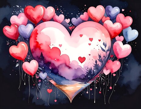 Heart-shaped balloons, watercolor landscape