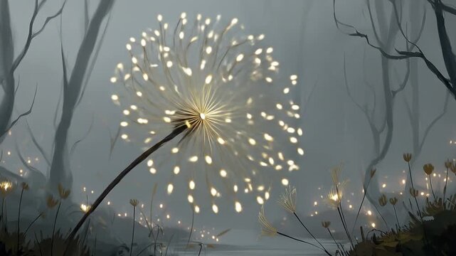 Luminous dandelion in misty woods