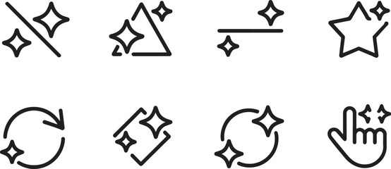 Minimalist sparkle icons set for cleanliness, freshness, enhancement, UI design, branding, and digital aesthetics.