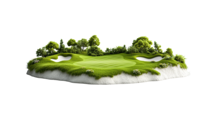 Floating Golf Green with Sand Traps and Trees  on transparent background