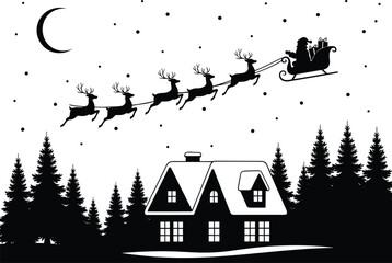 Fototapeta premium Santa Claus flying over snowy house, winter night silhouette, Christmas reindeer sleigh, pine trees, festive moonlight scene, holiday magic, vector illustration