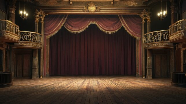 Elegant theater stage with rich red curtains, ornate balconies, and polished wooden floor, creating a dramatic atmosphere for performances and artistic expressions