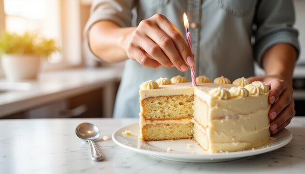Woman placing candle on birthday cake in bright kitchen  