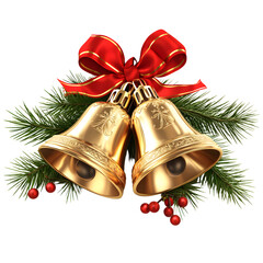 Golden bells with red ribbon and pine sprigs isolated on transparent background