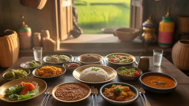 Indian feast spread on a wooden table with a view of rice fields