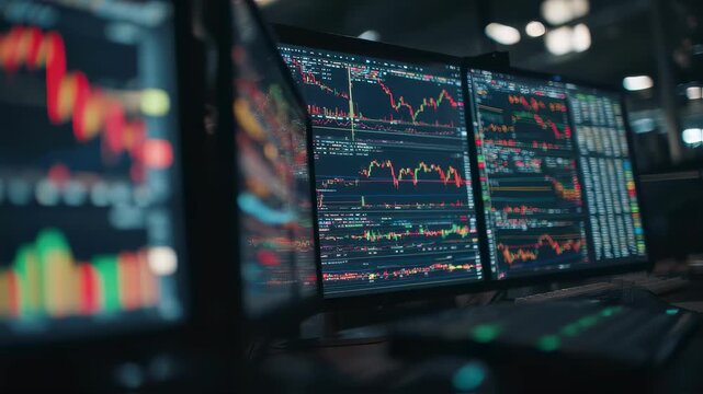Medium shot of a computer screen displaying digital stock level charts with an outoffocus keyboard and mouse in the foreground emphasizing cloud synchronization features.