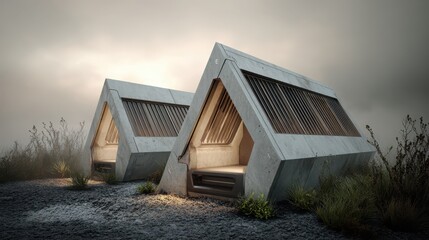 Modern Minimalist Cabins in Foggy Landscape During Serene Atmosphere