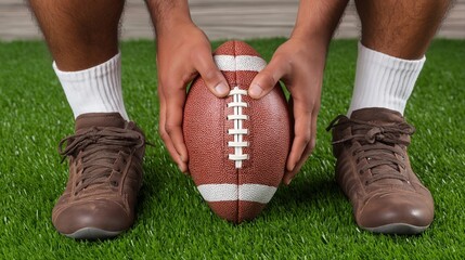 Fototapeta premium Male preparing to snap football on grass field with brown shoes and white socks