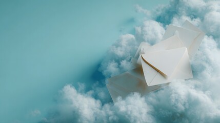 White envelopes float on soft billowy clouds against a gradient blue background in a surreal dreamlike scene