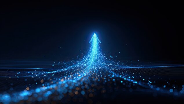 A glowing blue arrow rising, trails of light