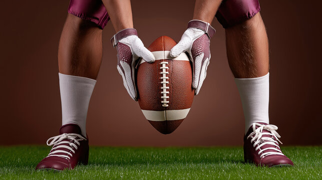 Caucasian male football player preparing to snap ball on field
