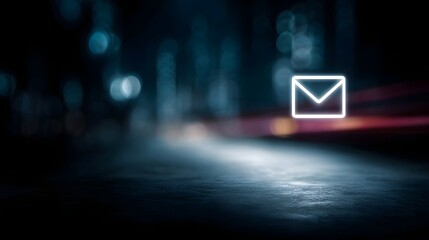 Glowing white neon email icon on a dark blurred abstract digital background with bokeh