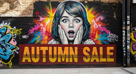 Naklejka premium Stunning street art mural captures a surprised girl exclaiming over a vibrant 